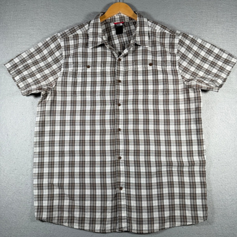 The North Face Mens XXL Brown Plaid Short Sleeve Button Up Hiking Shirt AXSB